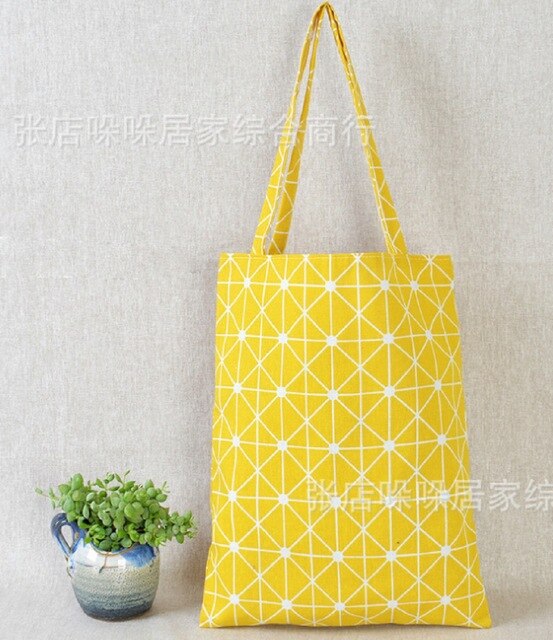 Women Cotton Linen Eco Reusable Shopping Tote Storage Bags Handbag Fashion Plaid Shoulder Bag