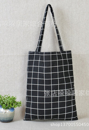 Women Cotton Linen Eco Reusable Shopping Tote Storage Bags Handbag Fashion Plaid Shoulder Bag